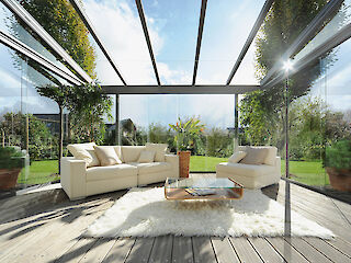 Moderne Terrasse mit Terrassendach aus Glas