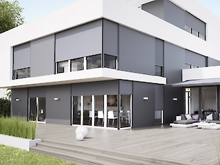 Außenansicht eines modernen Wohnhauses mit grauen Fenstermarkisen